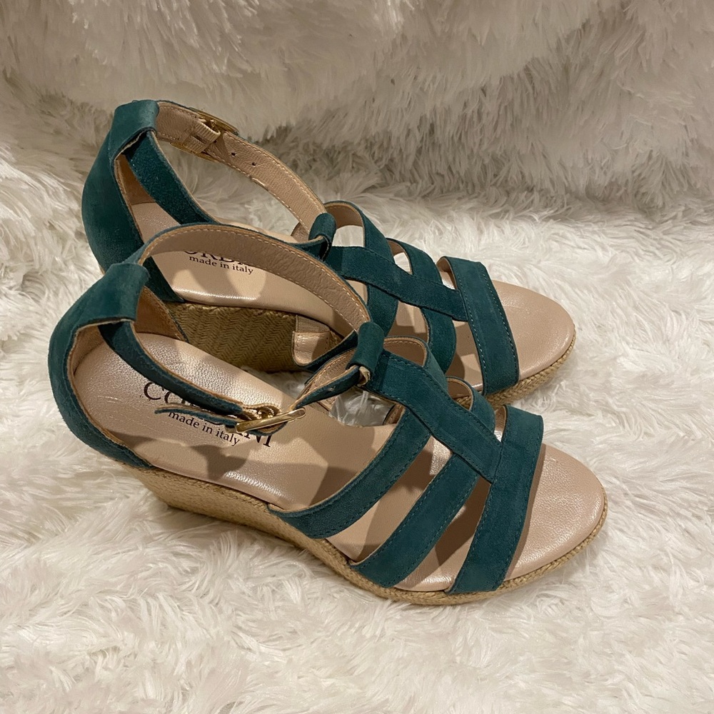 Cordani Teal Suede Espadrille Wedge Sandals - sz 8 / 38